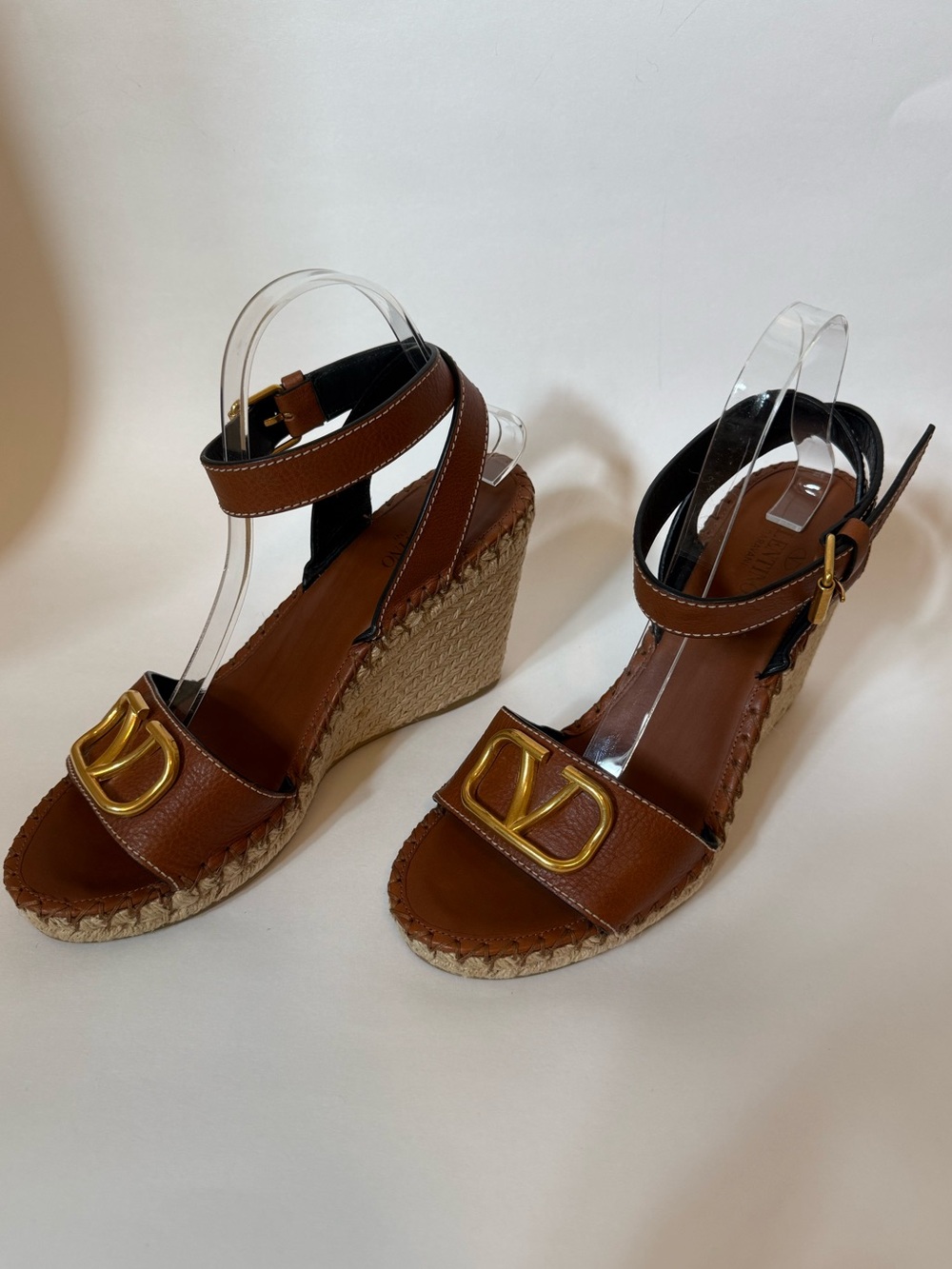 Valentino Garavani VLogo Espadrille Wedge Sandals Brown Leather Size 41